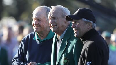 Honorary starters (L-R) Jack Nicklaus of the US, Arnold Palmer of the US and Gary Player of South Africa pose together on the first tee after ceremonially opening the first round of the 2016 Masters Tournament at the Augusta National Golf Club in Augusta, Georgia, USA, 07 April 2016. The Masters Tournament is held 07 April through 10 April 2016. EPA/TANNEN MAURY