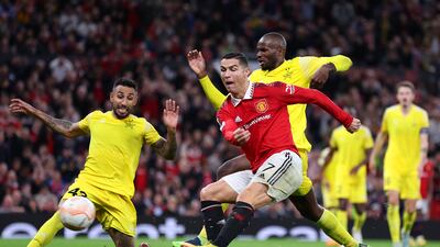 Cristiano Ronaldo scores United's third goal. Getty