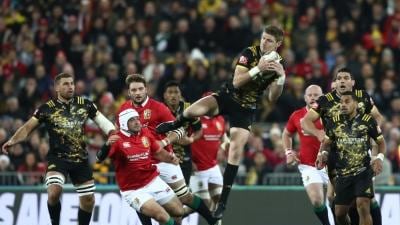 Jordie Barrett of the Hurricanes claims a high ball during a British & Irish Lions tour match at the Westpac Stadium on June 27 in Wellington. Barrett will be involved against the Lions, but this time in the All Blacks colours. David Rogers / Getty Images