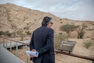 Dr Osama Jamil Khalil, World Heritage expert at the Sharjah Archaeology Authority, tours the Faya palaeolandscape in central Sharjah. Ahmed Ramzan for The National