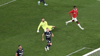 Marcus Rashford scores for Manchester United against Melbourne Victory at Melbourne Cricket Ground on July 15. Getty