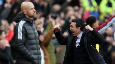 Aston Villa manager Unai Emery celebrates after Jacob Ramsey scores their third goal as Manchester United manager Erik ten Hag looks on. Reuters