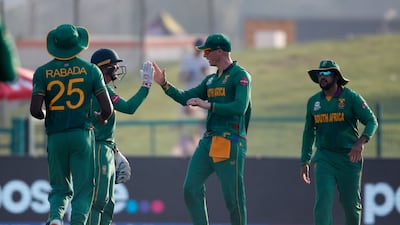 South Africa's Rassie van der Dussen celebrates after taking a catch to dismiss Australia's Mitchell Marsh. Reuters