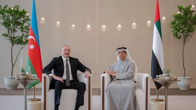 Sheikh Mansour bin Zayed, UAE Vice President and Deputy Prime Minister, meets with Mr Aliyev, upon arriving at the Presidential Airport