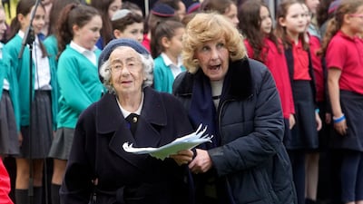 Bronia Snow, 96, told her story of arriving in Britain as part of the kindertransport mission, to rescue Jewish children from Nazi-controlled areas of Europe, at the Yom Hashoah remembrance event in Westminster, central London. PA / AP