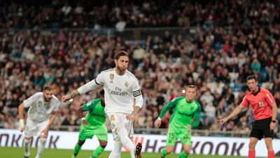 Real Madrid's Sergio Ramos scores from the spot. AP