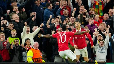 Manchester United's Cristiano Ronaldo celebrates with Marcus Rashford after scoring the third goal in the 3-0 Europa League win against Sheriff at Old Trafford on October 27, 2022. AP
