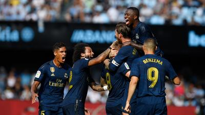 Real Madrid players celebrate after Toni Kroos scores the second goal. Getty Images