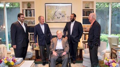 Saudi Crown Prince Mohammed bin Salman visits former US Presidents George H.W. Bush and George W. Bush, in Houston. SPA