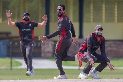 CP Rizwan, centre, replaced Ahmed Raza, right, as UAE captain. Photo: USA Cricket