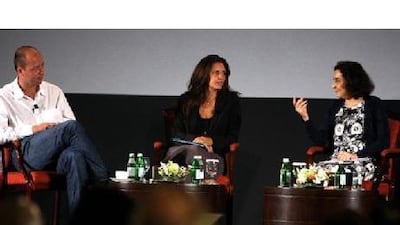 From left, Nicolas Chartier, the president of Voltage Pictures, Lara Nasri Atalla, a casting director, and Princess Rym Ali of Jordan participate in a panel discussion for the Circle Conference 2010.