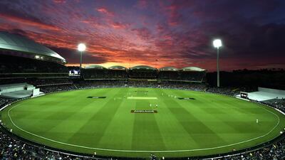 The sun sets over the Adelaide Oval during the first day-night cricket Test match between Australia and New Zealand. Saeed Khan / AFP