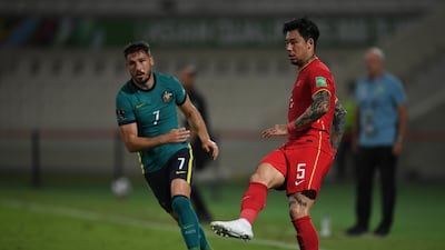 China's Zhang Linpeng during a World Cup 2022 qualifier against Australia in Sharjah on November 16, 2021. AP