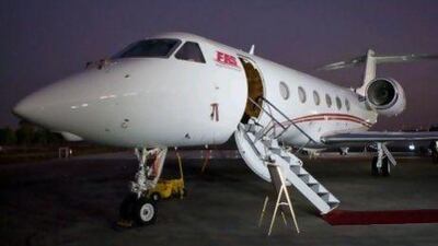 Abu Dhabi - November 9, 2008: A Gulfstream G450 on display at the Bateen Airbase. Falcon Aviation Services revealed its latest offerings and strategic direction during a press conference. ( Philip Cheung / The National ) *** Local Caption *** PC0014-FalconAviation.jpgPC0014-FalconAviation.jpg