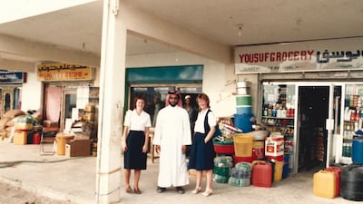 Linda Ford, right, at a small souq in Ghayathi, in Abu Dhabi's Al Dhafra region