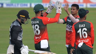 Bangladesh celebrate after the dismissal of New Zealand's Tom Blundell in Dhaka on Wednesday. AFP