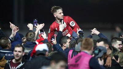 Bristol City's Josh Brownhill celebrates with fans after defeating Manchester United in the League Cup quarter-finals. Nick Potts / PA