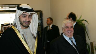 UAE Foreign Minister Sheikh Abdullah bin Zayed is welcomed by his Syrian counterpart Walid Al Moalem in Damascus on February 19, 2008. AFP