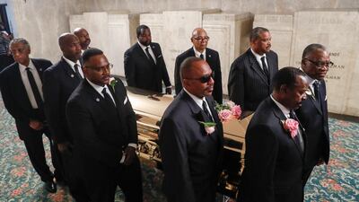 The casket bearing the body of Aretha Franklin is interned in the mausoleum at Woodlawn Cemetery in Detroit. EPA/PAUL SANCYA / POOL