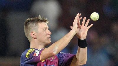 Rising Pune Supergiants bowler Adam Zampa catches a ball during the 2016 Indian Premier League (IPL) Twenty20 cricket match between Rising Pune Supergiants and Sunrisers Hyderabad at Dr. Y.S. Rajasekhara Reddy ACA-VDCA Cricket Stadium in Visakhapatnam on May 10, 2016. (AFP/NOAH SEELAM)