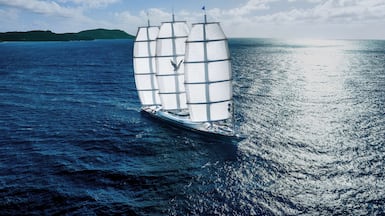 The Maltese Falcon’s signature three-mast FalconRig system is one of the most recognisable silhouettes in modern yachting. Photo: Jumeirah