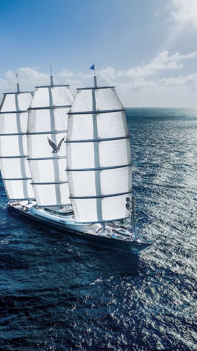 The Maltese Falcon’s signature three-mast FalconRig system is one of the most recognisable silhouettes in modern yachting. Photo: Jumeirah