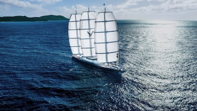 The Maltese Falcon’s signature three-mast FalconRig system is one of the most recognisable silhouettes in modern yachting. Photo: Jumeirah