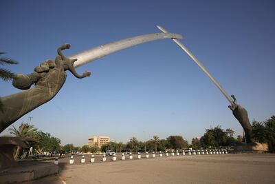 A picture taken on June 3, 2019 shows the Victory Arch known as the Swords of Qadisiyah in Baghdad's high-security Green Zone. AFP