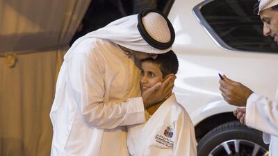 Sheikh Mohammed bin Zayed, Crown Prince of Abu Dhabi and Deputy Supreme Commander of the Armed Forces, greets a winner of the Abu Dhabi World Professional Jiu-Jitsu Championship 2016, seen during a Sea Palace barza. Ryan Carter / Crown Prince Court - Abu Dhabi