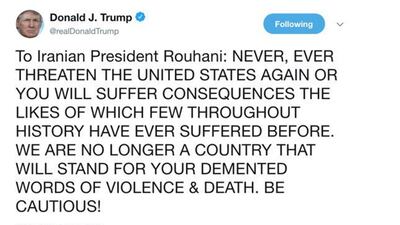 President Donald Trump tweets Prime Minister Rouhani of Iran at a particularly tense time in US-Iran relations. @realDonaldTrump