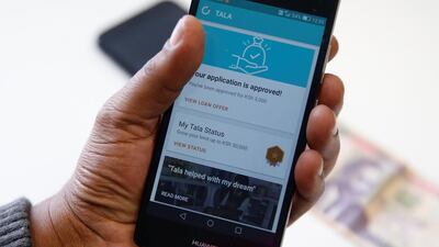 Tala app, an online financial micro lending platform is seen on a mobile phone. The company says it has granted more than 6 million loans worth more than $300 million, mainly in Kenya, since it launched in the country in 2014. Fintech lenders are expanding into other African countries and into Latin America and Asia, saying their aim is to help some of the billions of people who lack bank accounts. Thomas Mukoya/Reuters