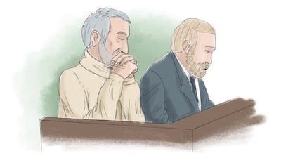 A court sketch of former Iranian official Hamid Nouri, left, and his lawyer during a hearing in Sweden in 2021. EPA