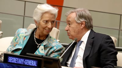 Managing Director and Chairwoman of the International Monetary Fund Christine Lagarde, left, speaks with UN Secretary General Antonio Guterres before the High-level Meeting on Financing the 2030 Agenda for Sustainable Development at United Nations headquarters in New York. EPA