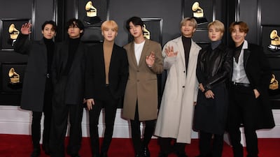 South Korean boy band BTS arrive for the 62nd Annual Grammy Awards in Bottega Veneta. AFP