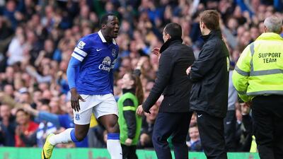 Romelu Lukaku of Everton celebrates scoring the second goal with manager Roberto Martinez during the Premier League match between Everton and Arsenal at Goodison Park on Sunday, April 6, 2014 in Liverpool, England. Alex Livesey / Getty Images