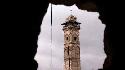 A view of the minaret of the Seljuk Minaret of the Great Mosque in old Aleppo in January 29, 2013. The minaret and mosque were later destroyed under contested circumstances in April 2013. Zain Karam / Reuters