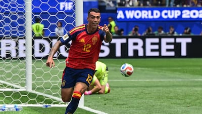 Spain defender Pedro Porro celebrates after scoring his side's second goal in the 3-0 last-32 win over Austria in Inglewood. AFP