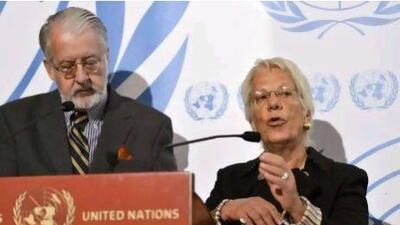 Sergio Pinheiro, chair of the Commission of Inquiry on Syria and Carla del Ponte, right, at the European headquarters of the United Nations in Geneva, Switzerland. Ms Del Ponte gained a reputation as a dogged investigator and a political bruiser while investigating war crimes in Yugoslavia.