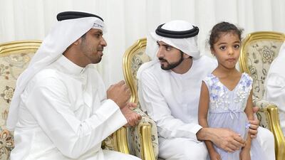 Sheikh Hamdan bin Mohammed, Crown Prince of Dubai, visits a mourning majlis to pay his respects to the families of UAE soldiers who lost their lives in Yemen. Wam