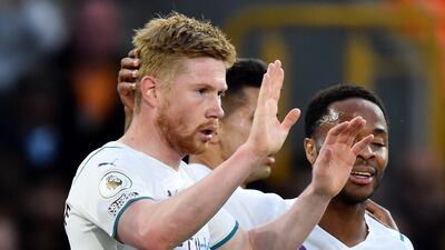 Kevin De Bruyne celebrates scoring their second goal with Raheem Sterling. Reuters