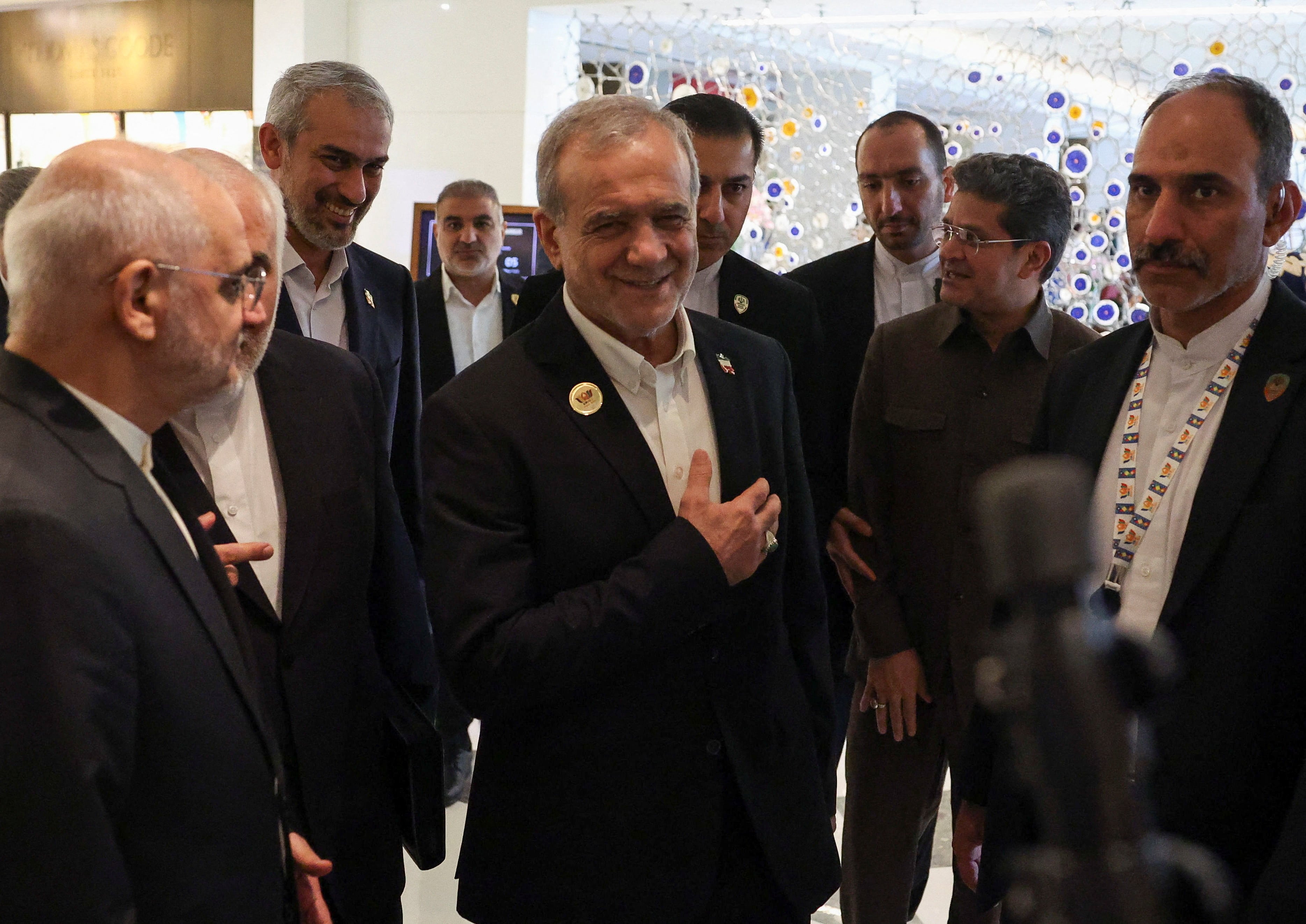 Mr Pezeshkian is greeted at a hotel during his visit to India. Reuters