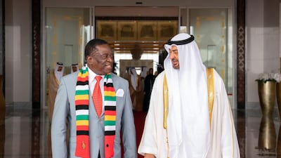 Sheikh Mohamed bin Zayed, Crown Prince of Abu Dhabi and Deputy Supreme Commander of the UAE Armed Forces (R), receives Emmerson Mnangagwa, President of Zimbabwe, at the Presidential Airport. Ryan Carter for the Ministry of Presidential Affairs