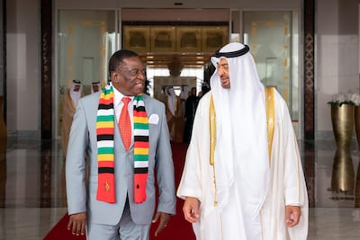 Sheikh Mohamed bin Zayed, Crown Prince of Abu Dhabi and Deputy Supreme Commander of the UAE Armed Forces, receives Emmerson Mnangagwa, President of Zimbabwe, at the Presidential Airport. Ryan Carter for the Ministry of Presidential Affairs