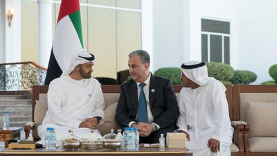 Sheikh Mohamed bin Zayed, Crown Prince of Abu Dhabi and Deputy Supreme Commander of the UAE Armed Forces, right, converses with Sukhrob Kholmuradov, Deputy Prime Minister and Chairman of the State Committee for Investments of Uzbekistan, left. Courtesy Ministry of Presidential Affairs