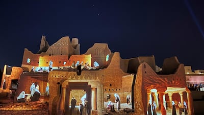 Display of digital historic show is projected during the welcome ceremony for the annual G20 Summit World Leaders onto Salwa Palace in At-Turaif, one of Saudi Arabia?s UNESCO World Heritage sites, in Diriyah, Saudi Arabia. REUTERS