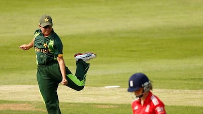 Cricket - England v Pakistan - Second NatWest Womens International T20 - Loughborough University - 5/7/13. Pakistan's Sana Mir (L) celebrates after catching out England's Amy Jones. Reuters