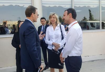 Norine Brunson, centre, the wife of Andrew Brunson, outside the courthouse at Aliaga in Izmir, Turkey. AFP Photo