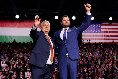 Hungarian Prime Minister Viktor Orban with US Vice President JD Vance at a rally in Budapest. Reuters
