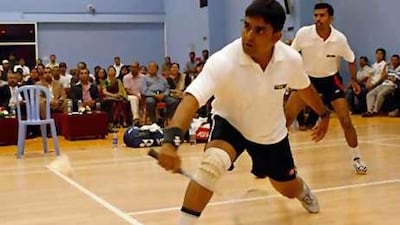 CP Shibil, at the back, and Rakesh Ramakrishnan, on their way to the men's doubles championships at the UAE Open last night. Shibil also won the men's singles.