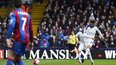 Riyad Mahrez scores the first goal for Leicester City. Reuters / Dylan Martinez